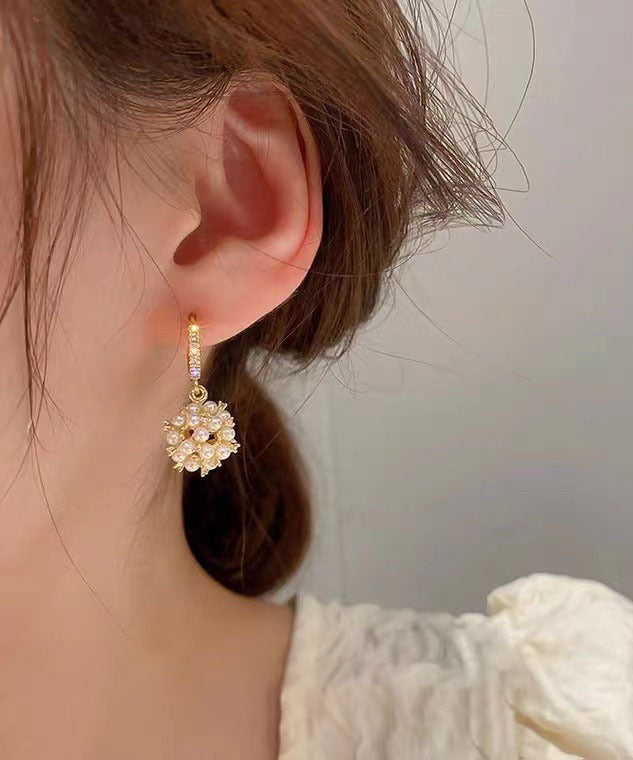 Gold Metal Overgild Pearl Zircon Ball Drop Earrings