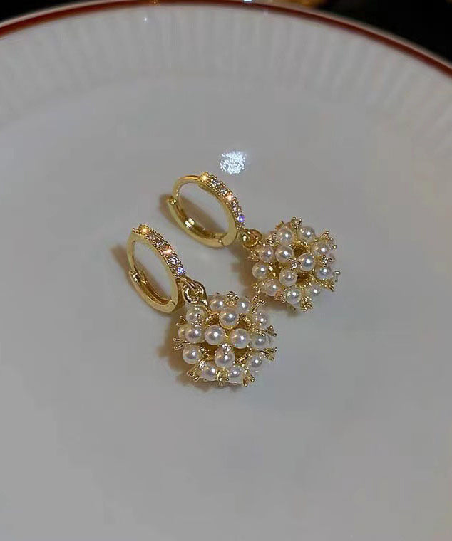 Gold Metal Overgild Pearl Zircon Ball Drop Earrings