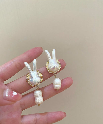 Gold Sterling Silver Alloy Pearl Rabbit Drop Earrings