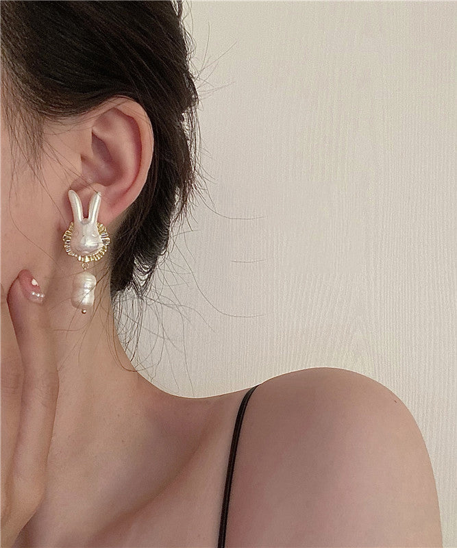 Gold Sterling Silver Alloy Pearl Rabbit Drop Earrings Ly1801