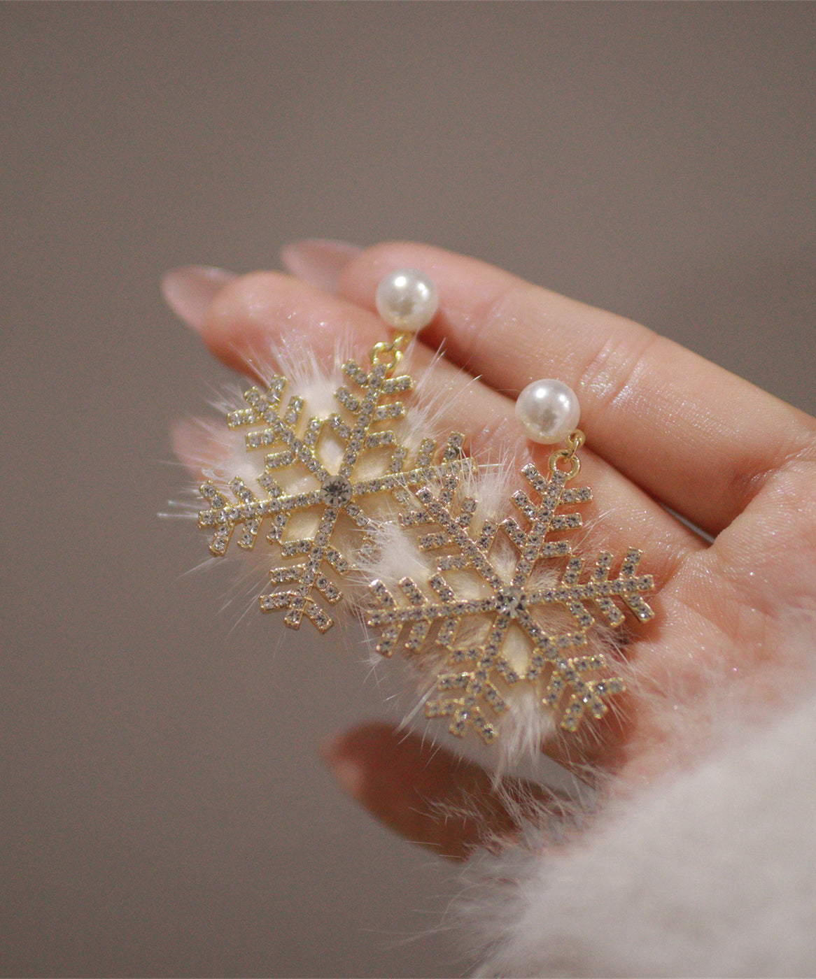 Gold Sterling Silver Mink Velvet Snowflake Drop Earrings