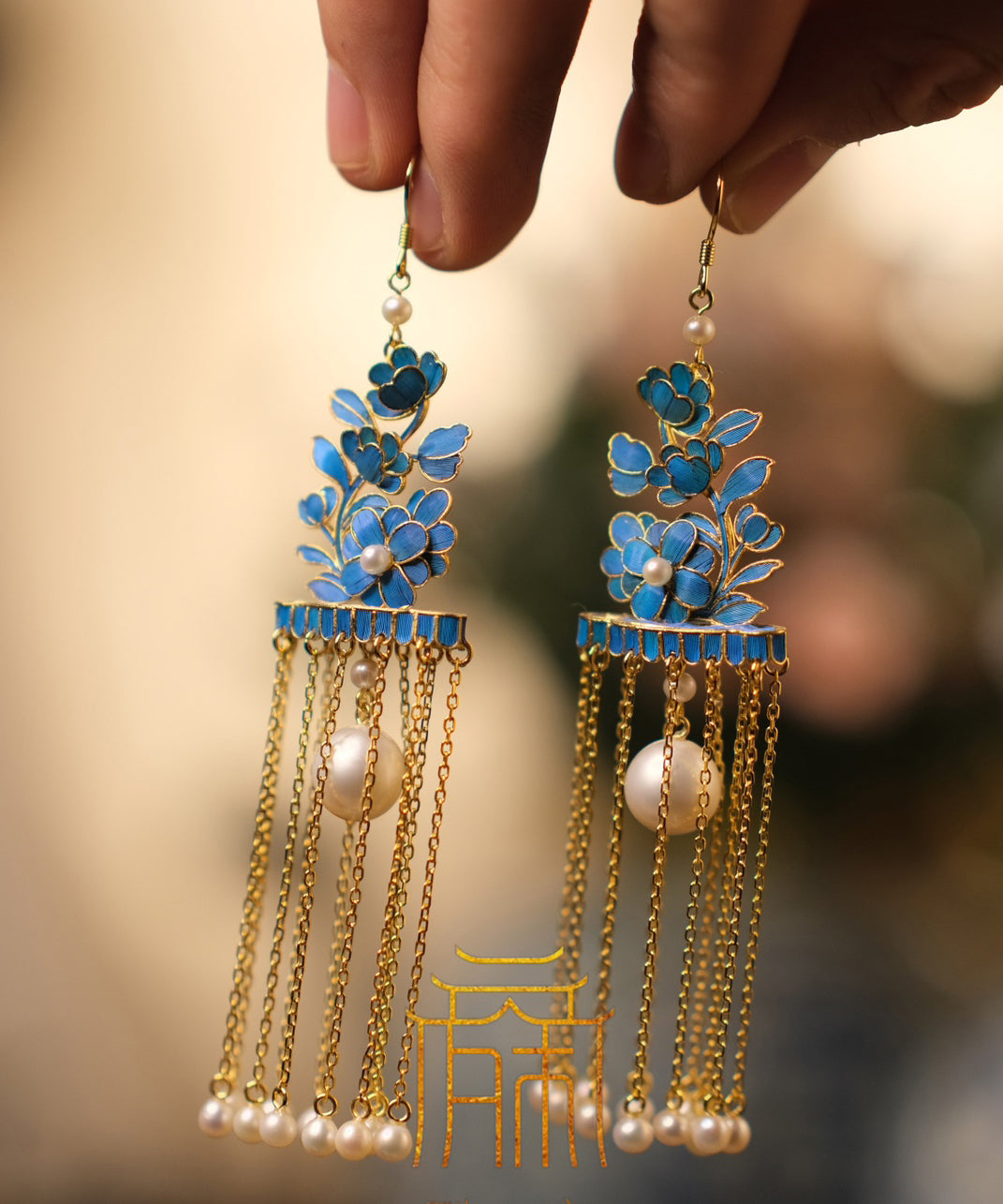 Gold Sterling Silver Overgild Enamel Pearl Tassel Drop Earrings