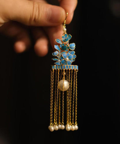 Gold Sterling Silver Overgild Enamel Pearl Tassel Drop Earrings