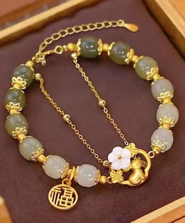Gold Sterling Silver Overgild Inlaid Jade Rabbit Charm Bracelet