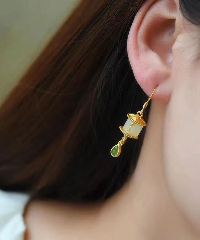 Gold Sterling Silver Overgild Jade Tassel Drop Earrings