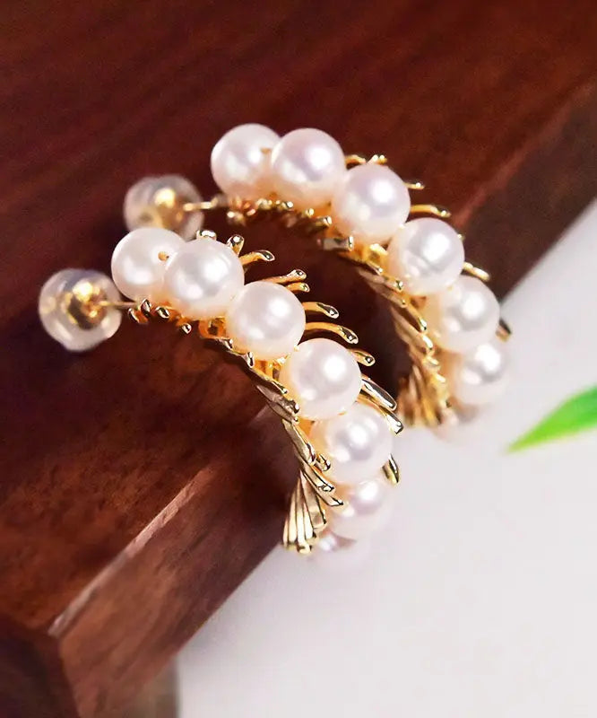 Sterling Silver Overgild Pearl Hoop Earrings