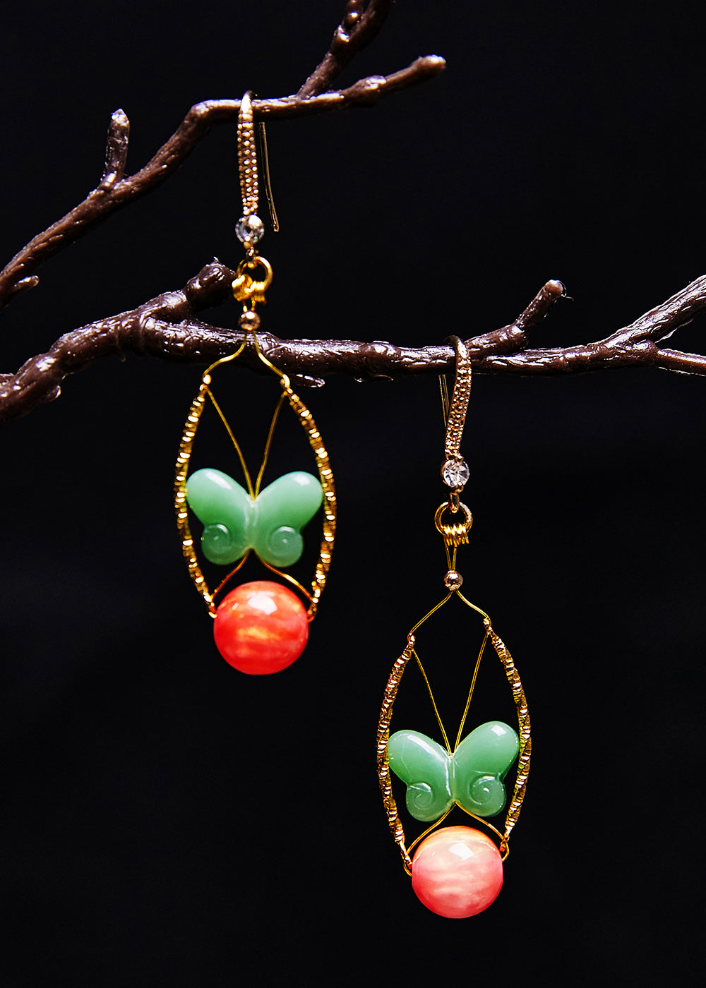 Green Butterfly Jade Original Design Drop Earrings