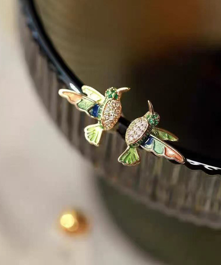 Green Copper Alloy Zircon Enamel Drop Glaze Little Brid Stud Earrings