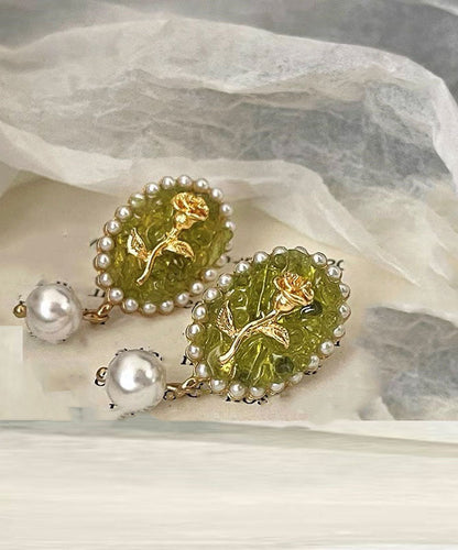Green Sterling Silver Alloy Pearl Resin Drop Earrings