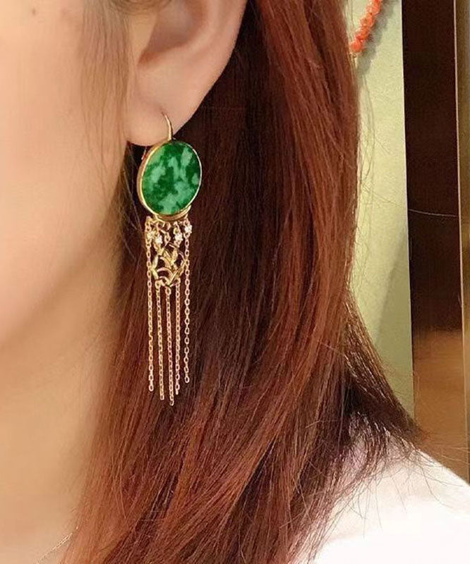 Green Sterling Silver Tie Dye Round Tassel Jadeite Drop Earrings Tw1022