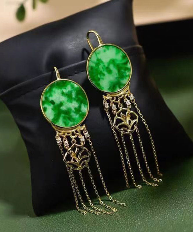 Green Sterling Silver Tie Dye Round Tassel Jadeite Drop Earrings Tw1022
