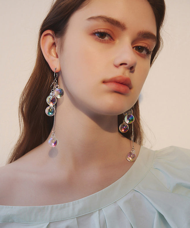 Iridescent Bubble Long Tassel Crystal Bead Drop Earrings