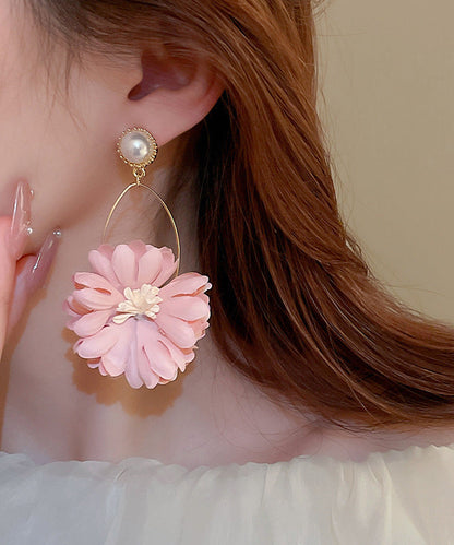 Pink Alloy Pearl Cloth Chrysanthemum Drop Earrings