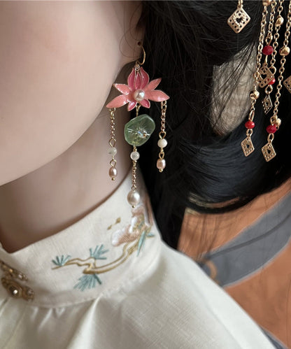 Pink Sterling Silver Lotus Drop Earrings