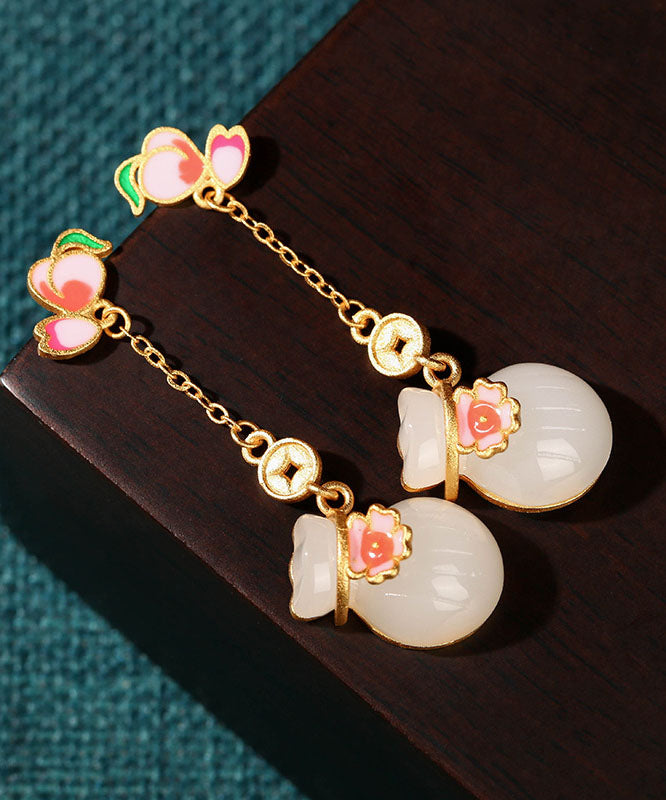 Pink Sterling Silver Overgild Jade Enamel Money Bag Drop Earrings