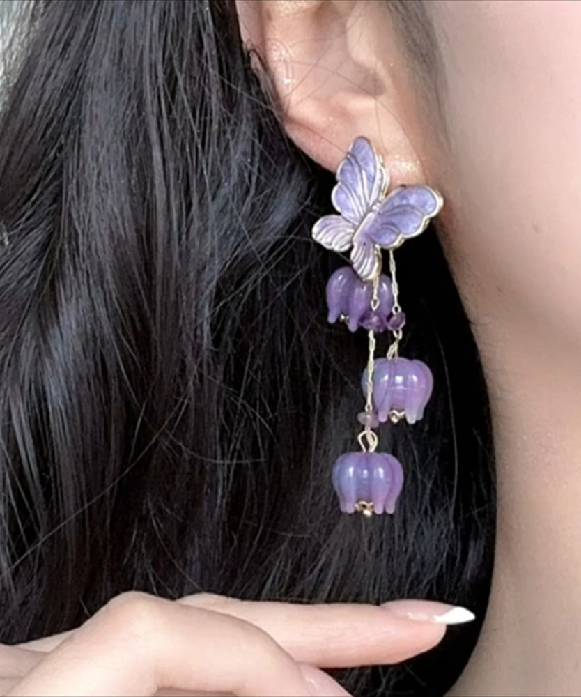 Purple Alloy Ringflower Butterfly Tassel Drop Earrings