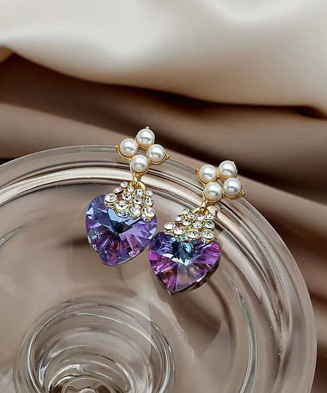 Purple Sterling Silver Inlaid Zircon Crystal Pearl Love Drop Earrings