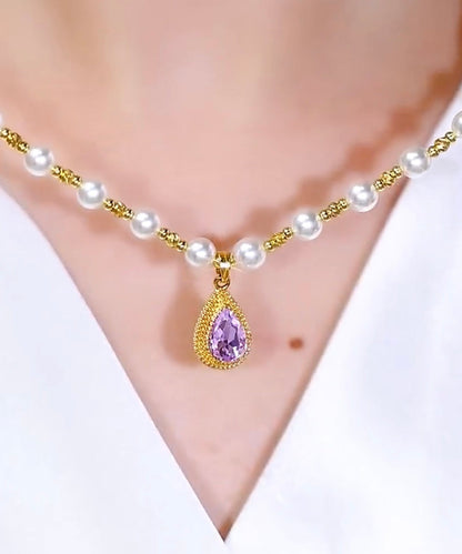 Purple Sterling Silver Overgild Pearl Water Drop Pendant Necklace