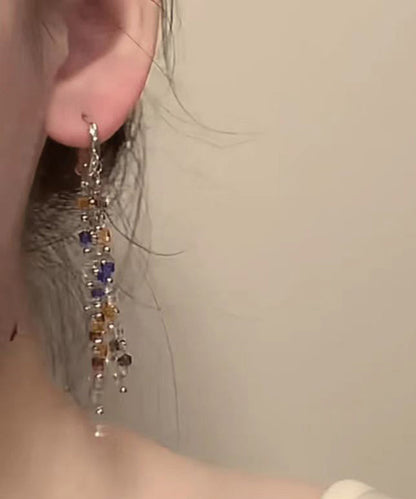 Rainbow Metal Crystal Block Tassel Drop Earrings