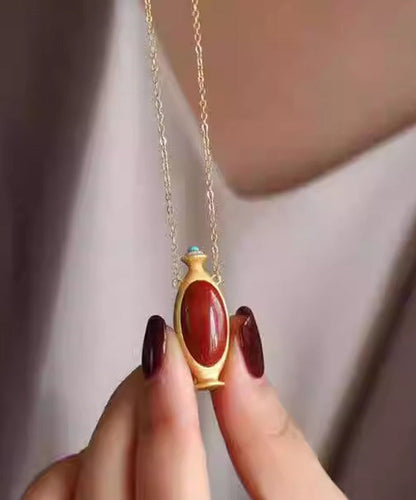 Red Sterling Silver Overgild Agate Pendant Necklace