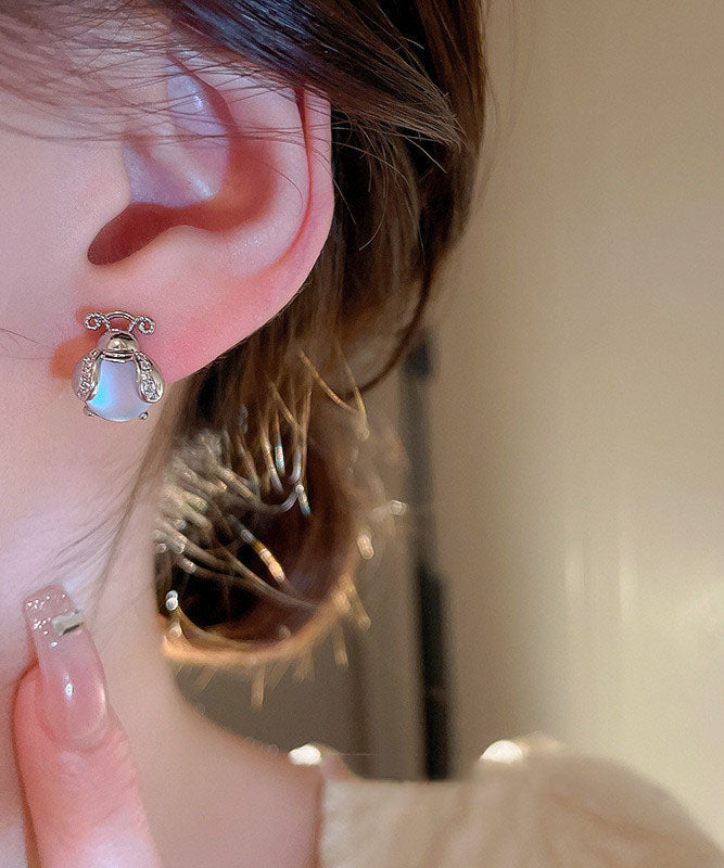 Silver Color Insect Gem Stone Silver Stud Earrings