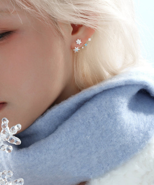 Silvery Snowflake Metal Fine Zircon Stud Earrings
