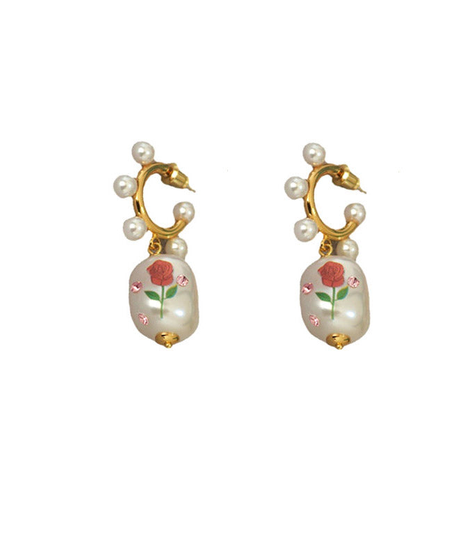 White Copper Overgild Zircon Pearl Rose Hoop Earrings