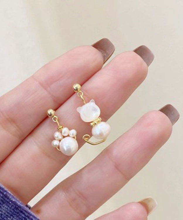 White Gold Copper Overgild Pearl Little Cats Asymmetric Drop Earrings Kx1021