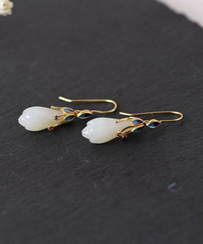 White Sterling Silver Overgild Inlaid Jade Cloisonne Orchid Drop Earrings