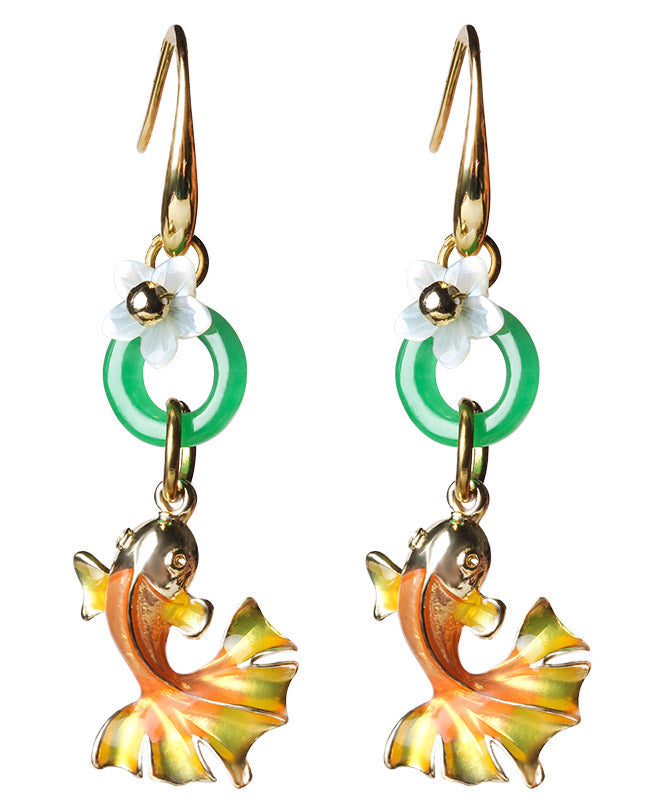 Yellow Green Cloisonne Shell Flower Chalcedony Goldfish Drop Earrings