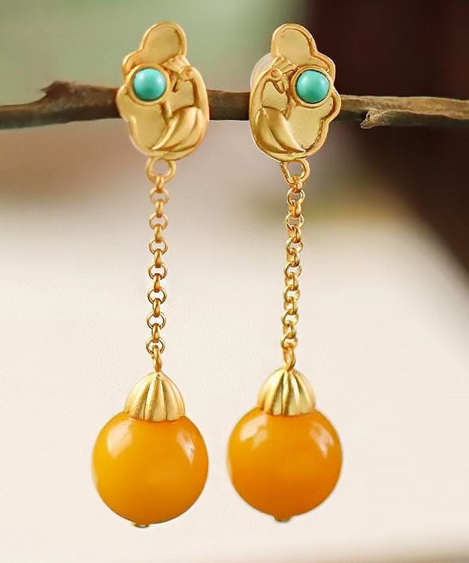 Yellow Sterling Silver Overgild Beeswax Turquoise Drop Earrings