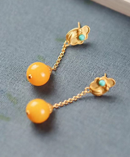 Yellow Sterling Silver Overgild Beeswax Turquoise Drop Earrings