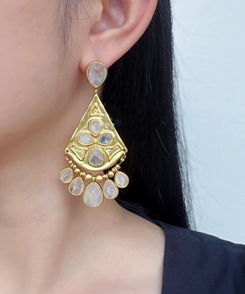 Gold Copper Overgild Crystal Fan-shaped Water Drop Tassel Drop Earrings