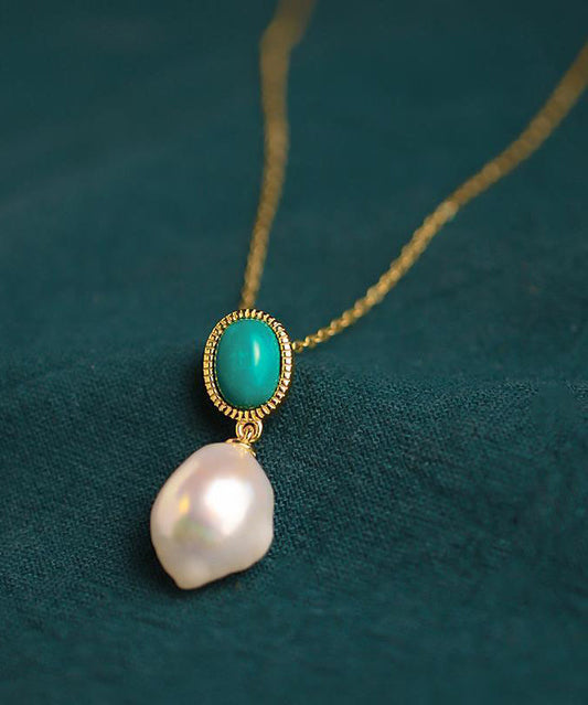 Gold Sterling Silver Overgild Turquoise Pearl Pendant Necklace