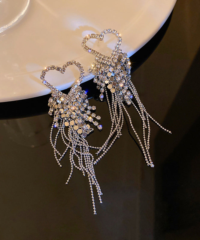 Silk Sterling Silver Zircon Love Tassel Drop Earrings