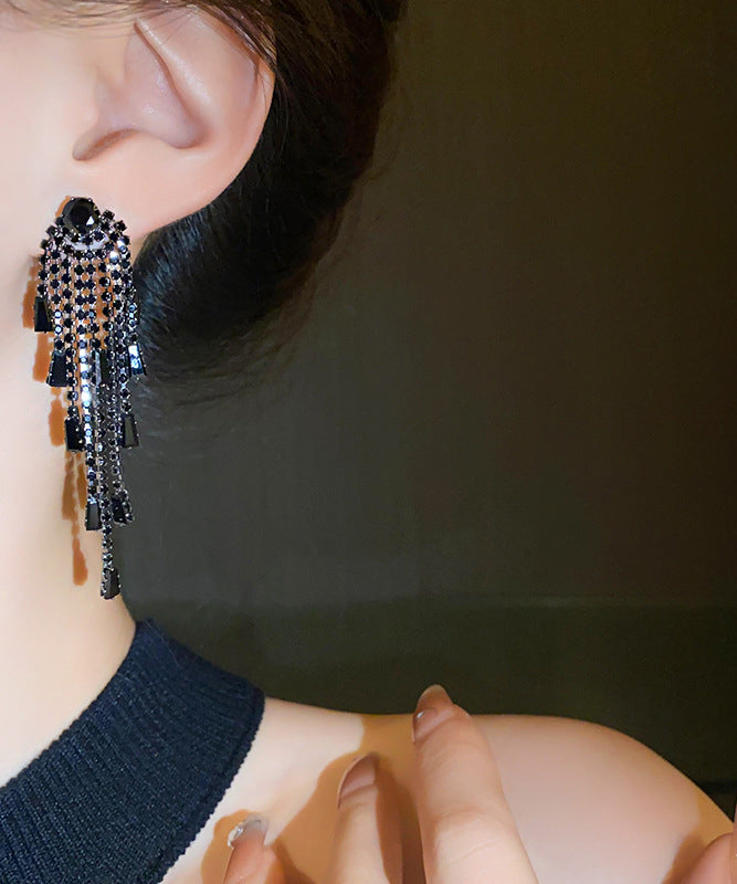 Black Copper Zircon Tassel Drop Earrings