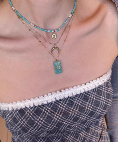 Blue Sterling Silver Overgild Beading Amazonite Pendant Necklace Three-piece Set