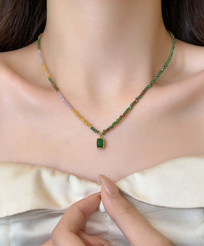 Colorblock Sterling Silver Overgild Beading Gem Stone Pendant Necklace Ab1075