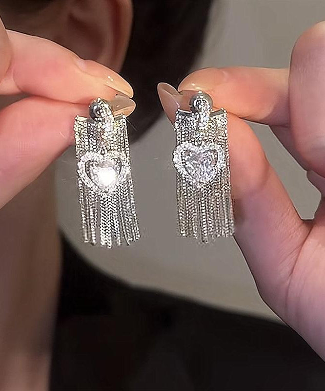 Copper Alloy Zircon Love Tassel Drop Earrings