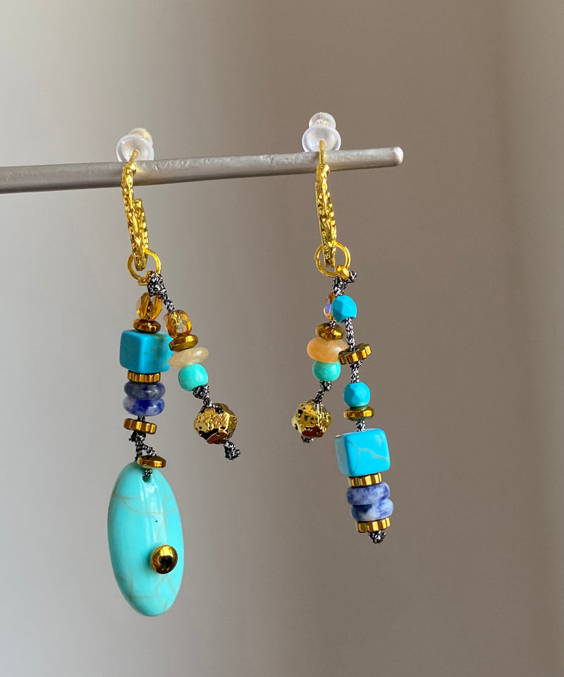 Copper Overgild Asymmetrical Natural Stone Drop Earrings