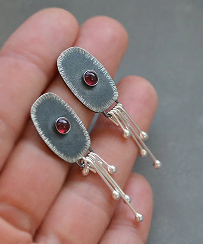 Dark Grey Alloy Oval Gem Stone Tassel Drop Earrings