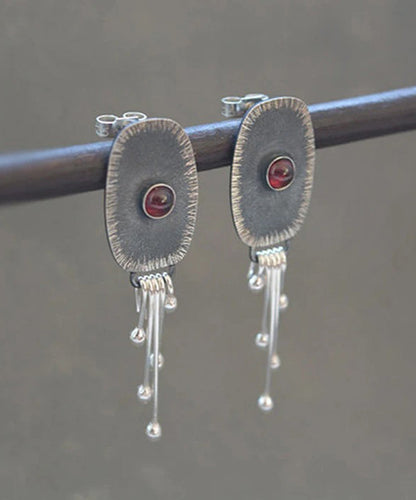 Dark Grey Alloy Oval Gem Stone Tassel Drop Earrings