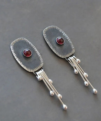Dark Grey Alloy Oval Gem Stone Tassel Drop Earrings