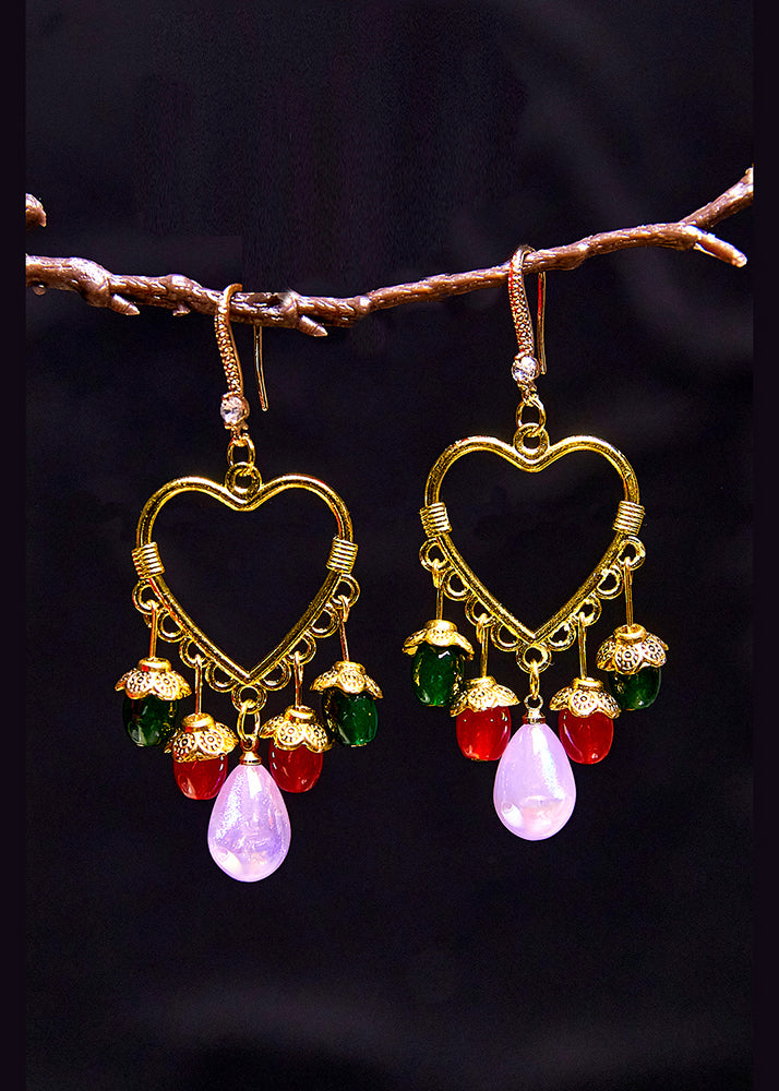 Multicolour Beads Heart-shaped Tassels Drop Earrings