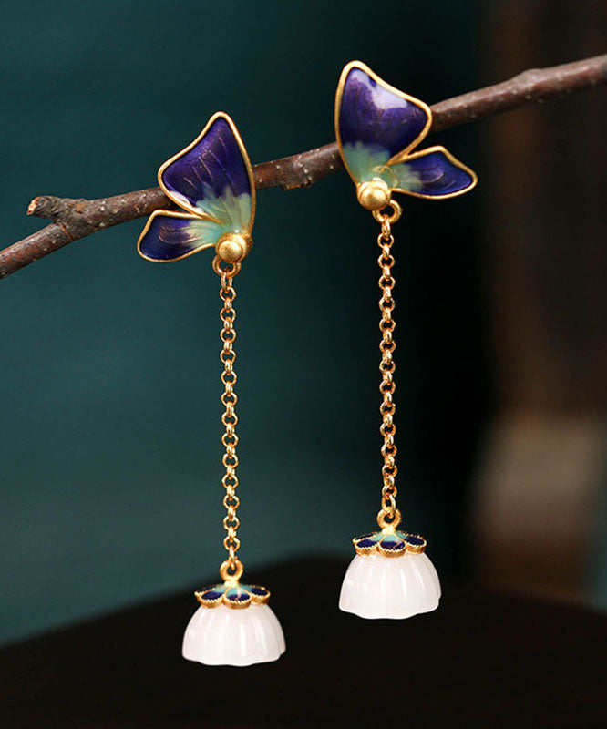 Purple Ancient Gold Enamel Jade Butterfly Drop Earrings