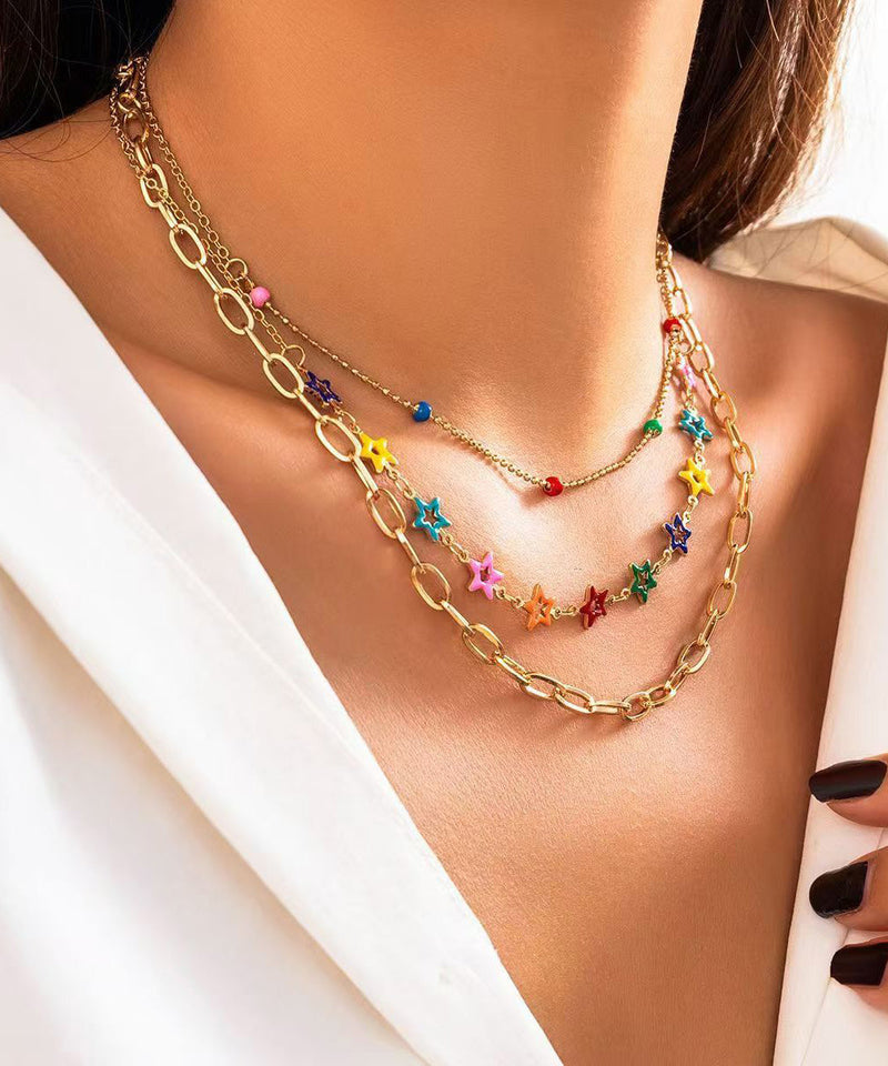 Rainbow Alloy Beading Broken Silver Love Three Piece Set Princess Necklace Rg014