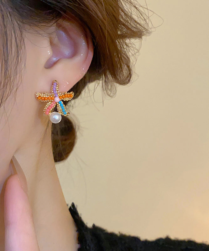 Rainbow Alloy Zircon Pearl Starfish Stud Earrings