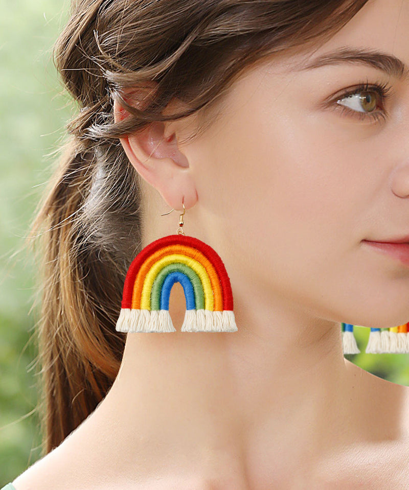 Rainbow Cotton Knit Fabric Tassel Hoop Earrings
