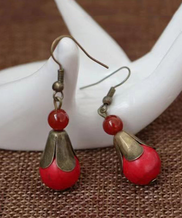 Red Turquoise Patchwork Copper Drop Earrings
