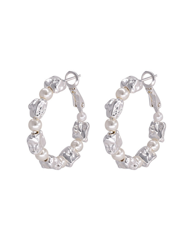 Silk Sterling Silver Alloy Pearl Hoop Earrings